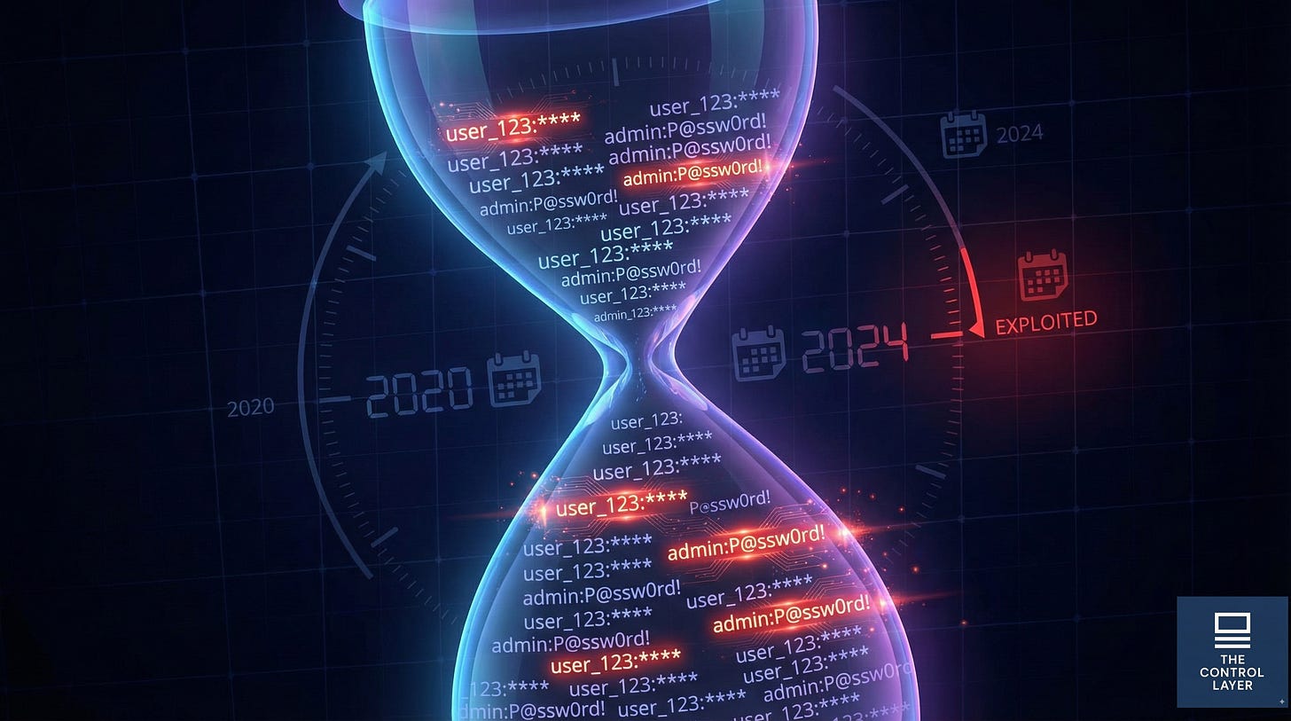 A digital hourglass containing floating credentials, some dormant and some actively exploited. A digital hourglass containing floating credentials, some dormant and some actively exploited.