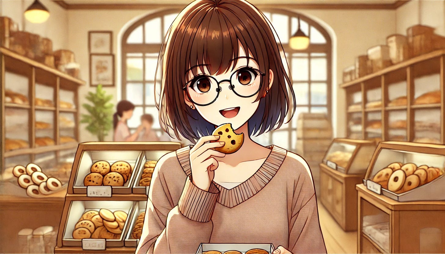 A horizontal anime-style image featuring a 20-year-old Japanese woman with short hair and glasses. She is in a cozy cookie shop, happily munching on a cookie. The background shows shelves filled with various types of cookies, creating a warm and inviting atmosphere. The woman appears cheerful and content, enjoying her treat.