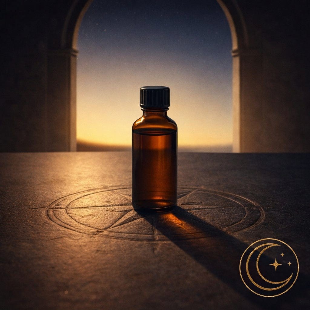 MoonInMental aromatherapy image for Sun conjunct Saturn week March 2026. Amber bottle on stone surface with compass rose and architectural arch framing clear sky representing structure and nervous system grounding.