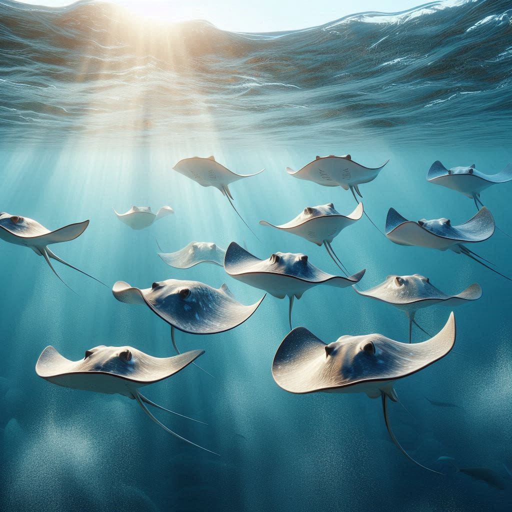 stingrays surreptitiously swimming photorealistic