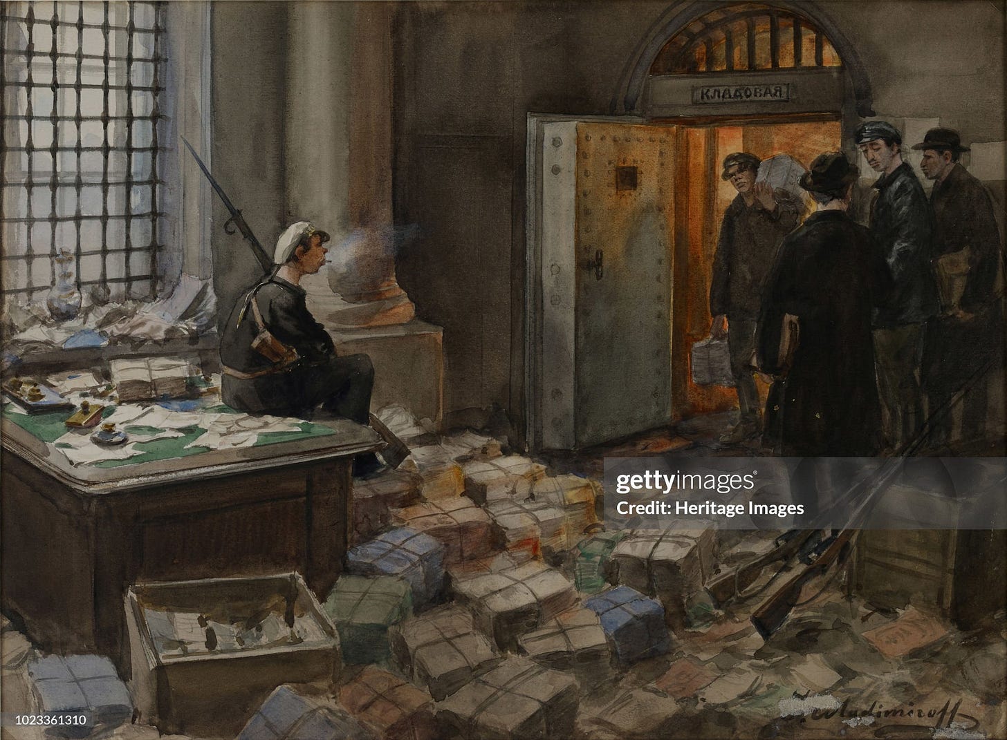 Painting depicting the looting of the vault of the Wewenberg Bank in Petrograd in 1919