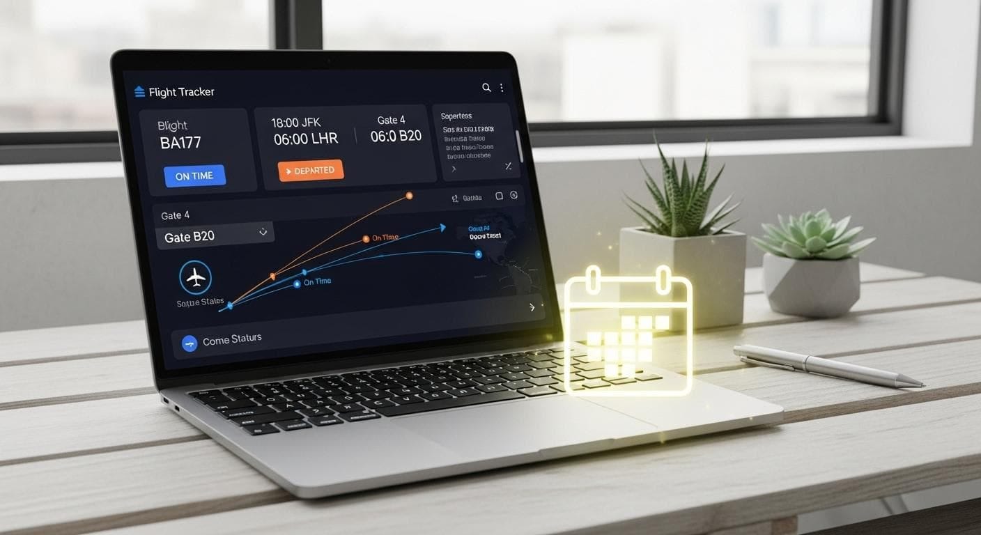 A polished hero shot of the final flight tracker application UI displayed on a sleek, modern laptop screen. A subtle calendar icon is overlaid on the image, signifying the successful integration. A polished hero shot of the final flight tracker application UI displayed on a sleek, modern laptop screen. A subtle calendar icon is overlaid on the image, signifying the successful integration.