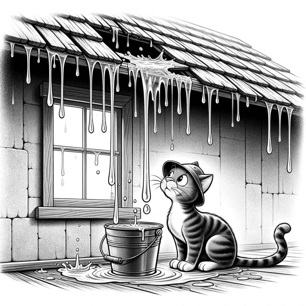Illustration of a monochrome scene showing a leaky roof with water dripping into a bucket, as a curious cat watches the droplets.