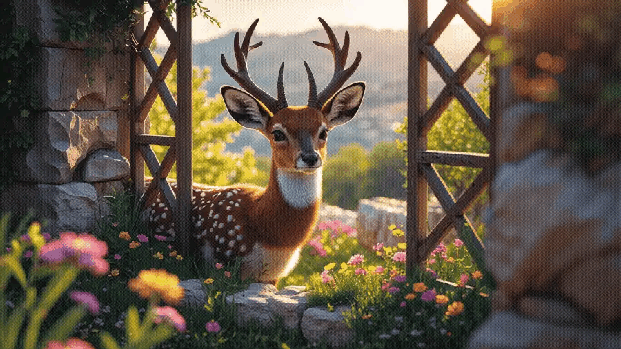 A young robebuck peeks through a wooden lattice window in a lush garden, bathed in golden sunlight, evoking Song of Solomon's beloved groom leaping for his bride.