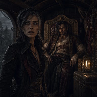 Ezmerelda realizing who Arturi truly is inside the dim treasure wagon; lantern light flickering across her sharp features; shock and recognition in her eyes; Arturi wounded on the gold‑inlaid throne in the background; Barovian Gothic atmosphere; original faces with no resemblance to real people