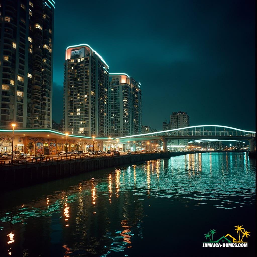 Glowing Kingston waterfront at night, futuristic condos with neon edges, illuminated skybridges, cars parked below, reflections on Caribbean Sea, Jamaican flags, murals, and reggae posters, cinematic lighting, shot on 35mm film with v-raptor XL, film grain, vignette, color graded, post-processed, inspired by the dramatic styles of Denis Villeneuve, Roger Deakins, and Emmanuel Lubezki.