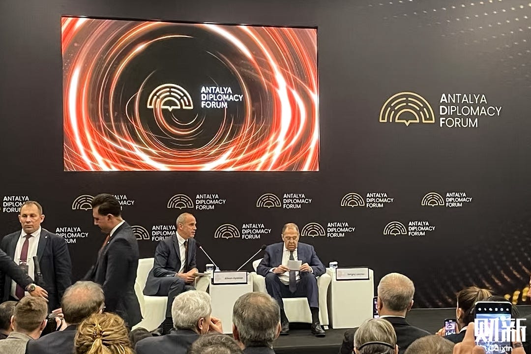 Russian Foreign Minister Sergey Lavrov speaks at the Antalya Diplomacy Forum in Turkey on Saturday. Photo: Xu Heqian/Caixin