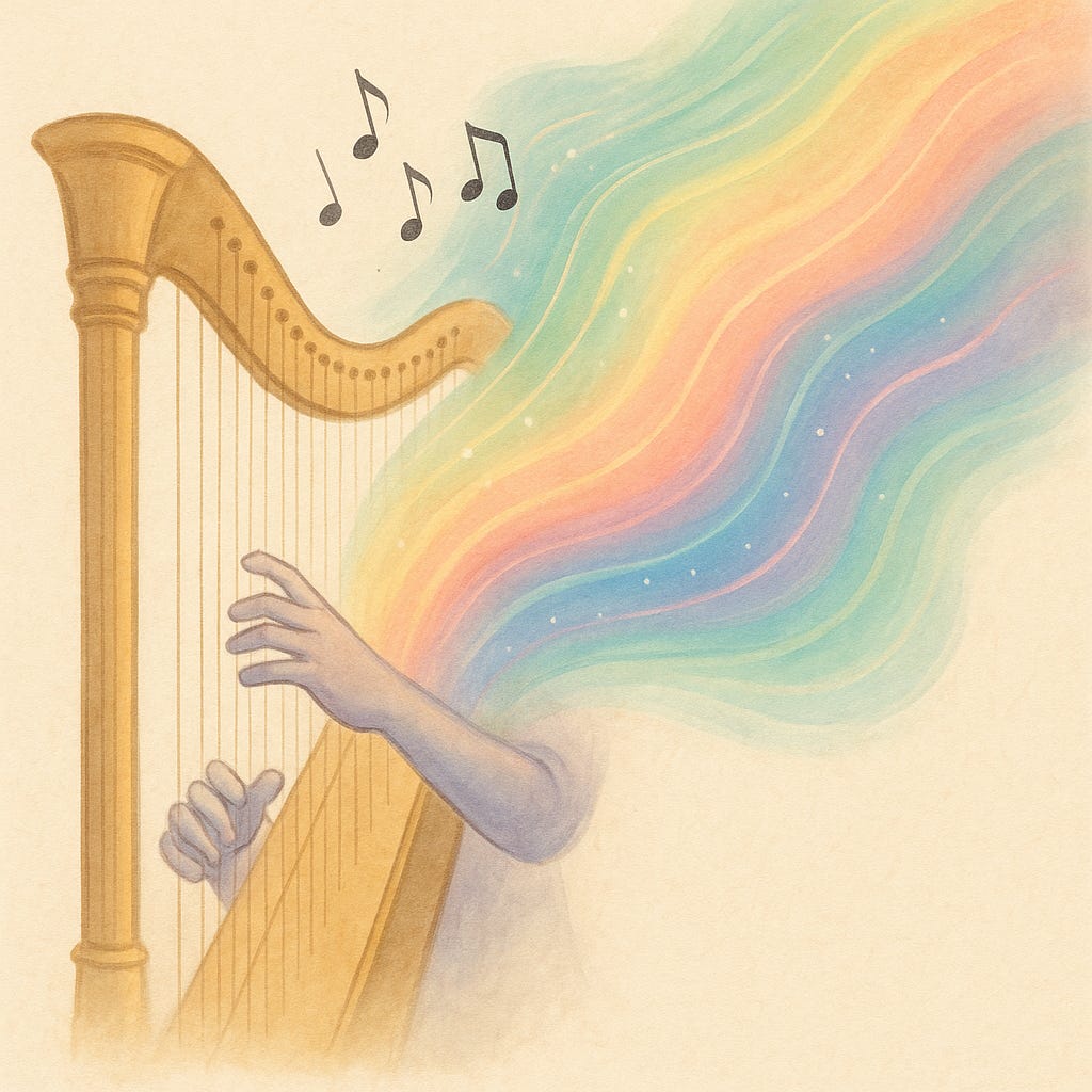 An open harp is gently played by a hand emerging from soft rainbow light. Musical notes float above the strings, while colorful waves — representing sound turned to light — ripple outward in shades of orange, teal, lavender, and gold. The image evokes synesthetic perception and emotional resonance.
