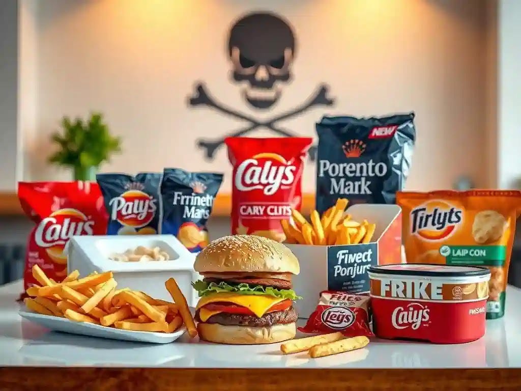 A table with an array of processed foods with a skull and crossbones warning in the background.