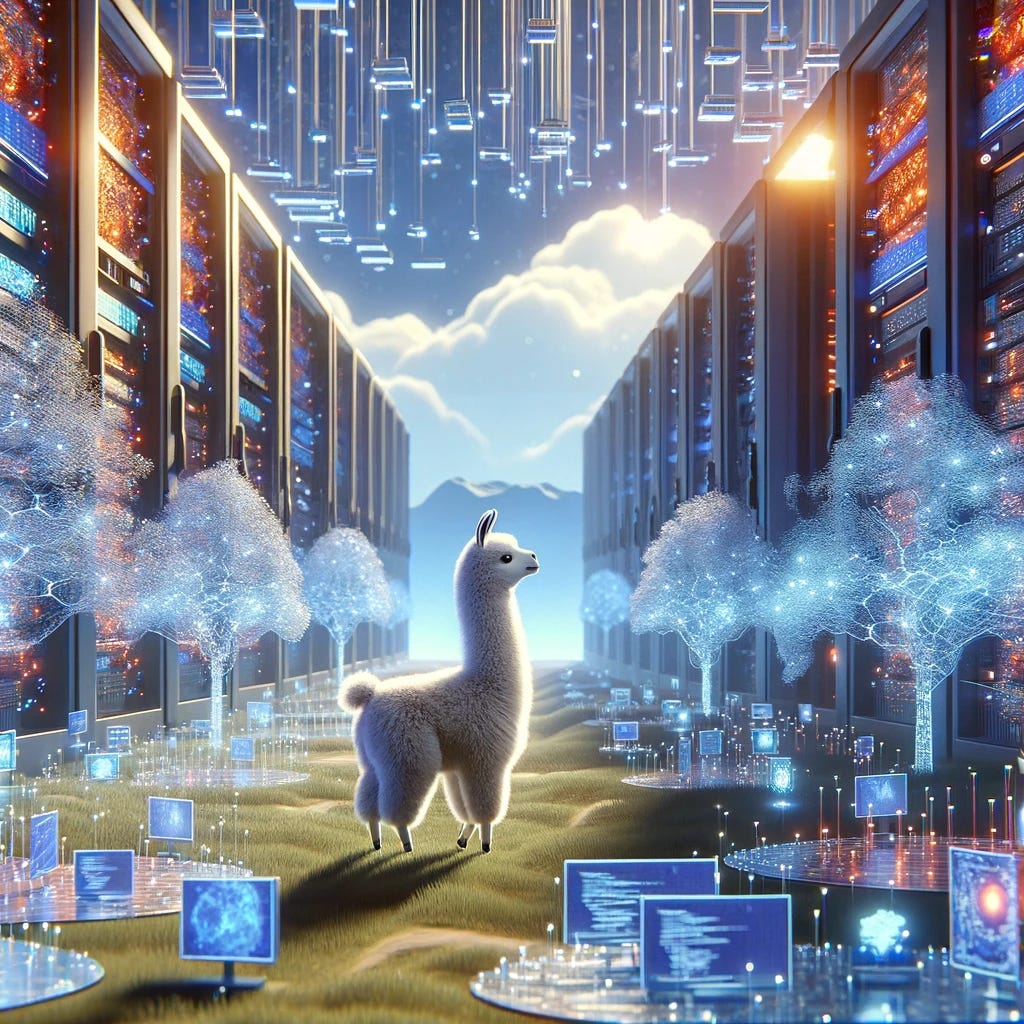 A whimsical image of a tiny llama exploring the expansive, futuristic world of artificial intelligence and generative AI. This llama, small in stature, wanders through a vast landscape filled with towering servers, glowing circuits, and holographic displays showcasing code and neural networks. The scene is a blend of nature and advanced technology, with digital trees and a sky lit by data streams, symbolizing the intersection of the natural world and the realm of AI. The llama appears curious and awe-inspired, gazing at the wonders of this high-tech environment.