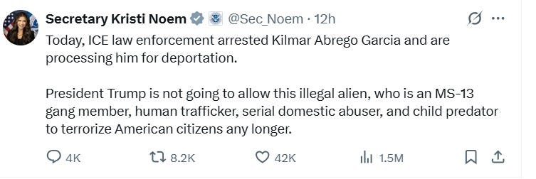 Today, ICE law enforcement arrested Kilmar Abrego Garcia and are processing him for deportation. President Trump is not going to allow this illegal alien, who is an MS-13 gang member, human trafficker, serial domestic abuser, and child predator to terrorize American citizens any longer. Today, ICE law enforcement arrested Kilmar Abrego Garcia and are processing him for deportation. President Trump is not going to allow this illegal alien, who is an MS-13 gang member, human trafficker, serial domestic abuser, and child predator to terrorize American citizens any longer.
