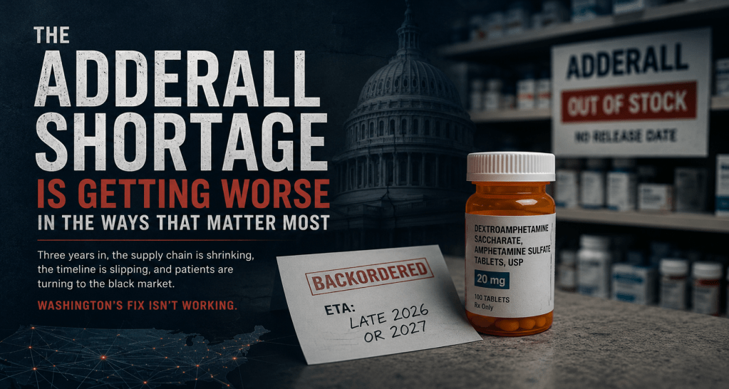 An image highlighting the Adderall shortage, featuring a bottle of Adderall on a pharmacy shelf with text indicating it's backordered and out of stock, alongside information about supply chain issues and a government building in the background.