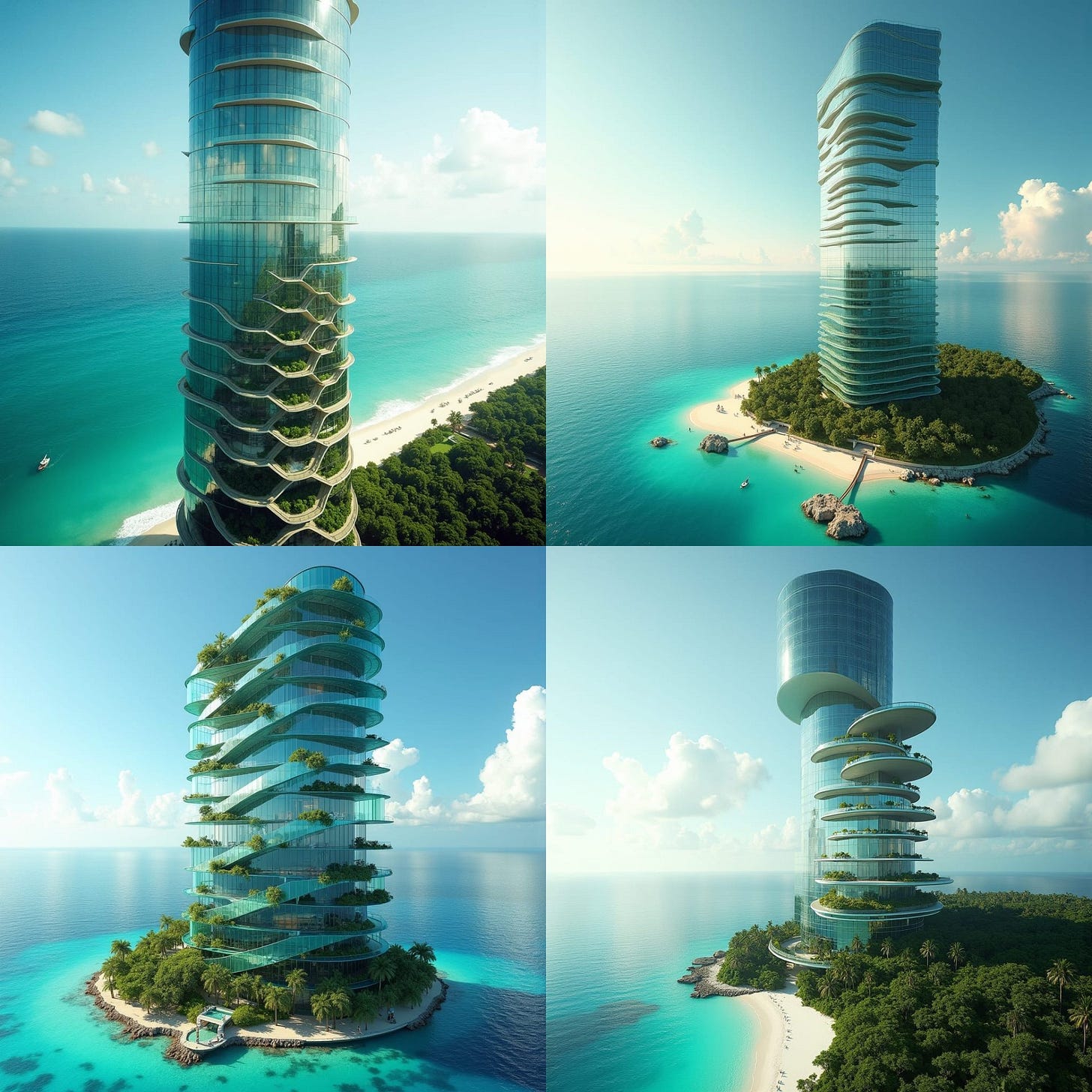 A skyscraper made entirely of mirrored glass that disappears into the skyline, reflecting the Caribbean sea and surrounding tropical landscape, making the building almost invisible from a distance. The structure twists slightly as it ascends, with each floor rotating slightly around a central core. Inside, the building features floating staircases, green walls, and floors that cantilever out from the structure, giving the illusion of floating in midair. Invisible architecture, twisting glass tower, surreal, eco-integrated.