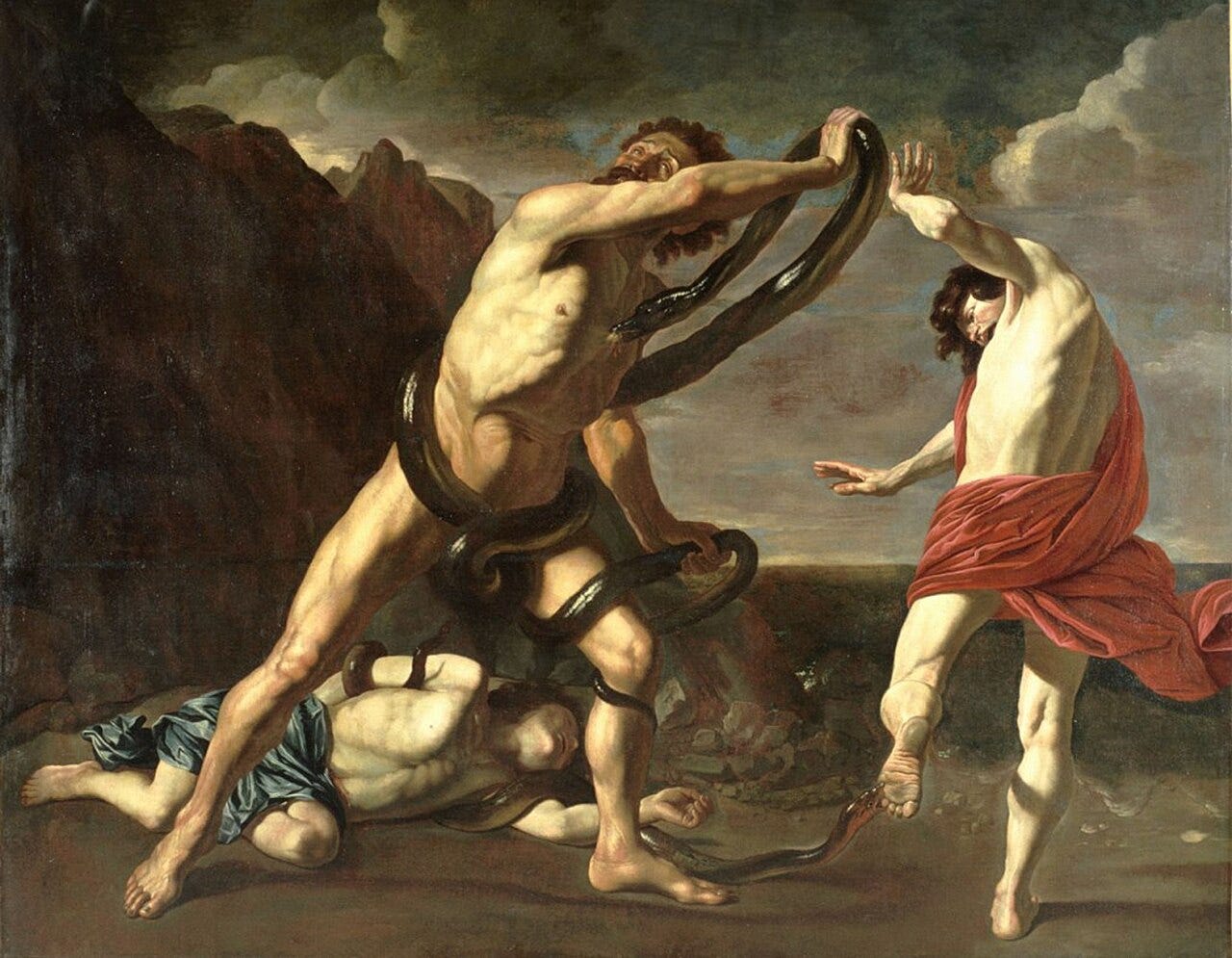 A richly detailed painting depicting one older man and two younger ones, their limbs and torsos entwined with giant snakes as they try to escape. All three of them are naked, which emphasizes their vulnerability, and one of the young men appears to have already succumbed. The background is mountainous, and shadowed by storm clouds. A richly detailed painting depicting one older man and two younger ones, their limbs and torsos entwined with giant snakes as they try to escape. All three of them are naked, which emphasizes their vulnerability, and one of the young men appears to have already succumbed. The background is mountainous, and shadowed by storm clouds.