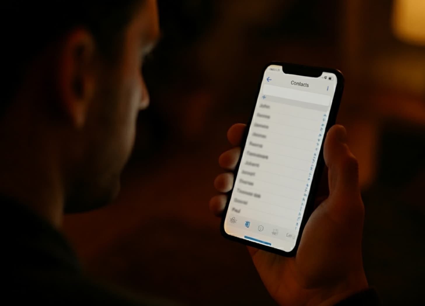 Close-up of male hand holding iPhone with contacts list open.