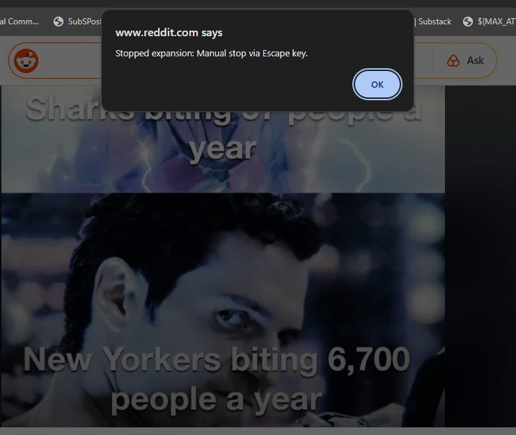 Screenshot showing Reddit site and alert message indicating the script was stopped manual using the escape key.