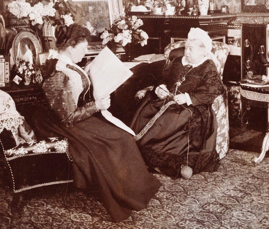 Queen Victoria and Princess Beatrice crochet at Windsor Castle.