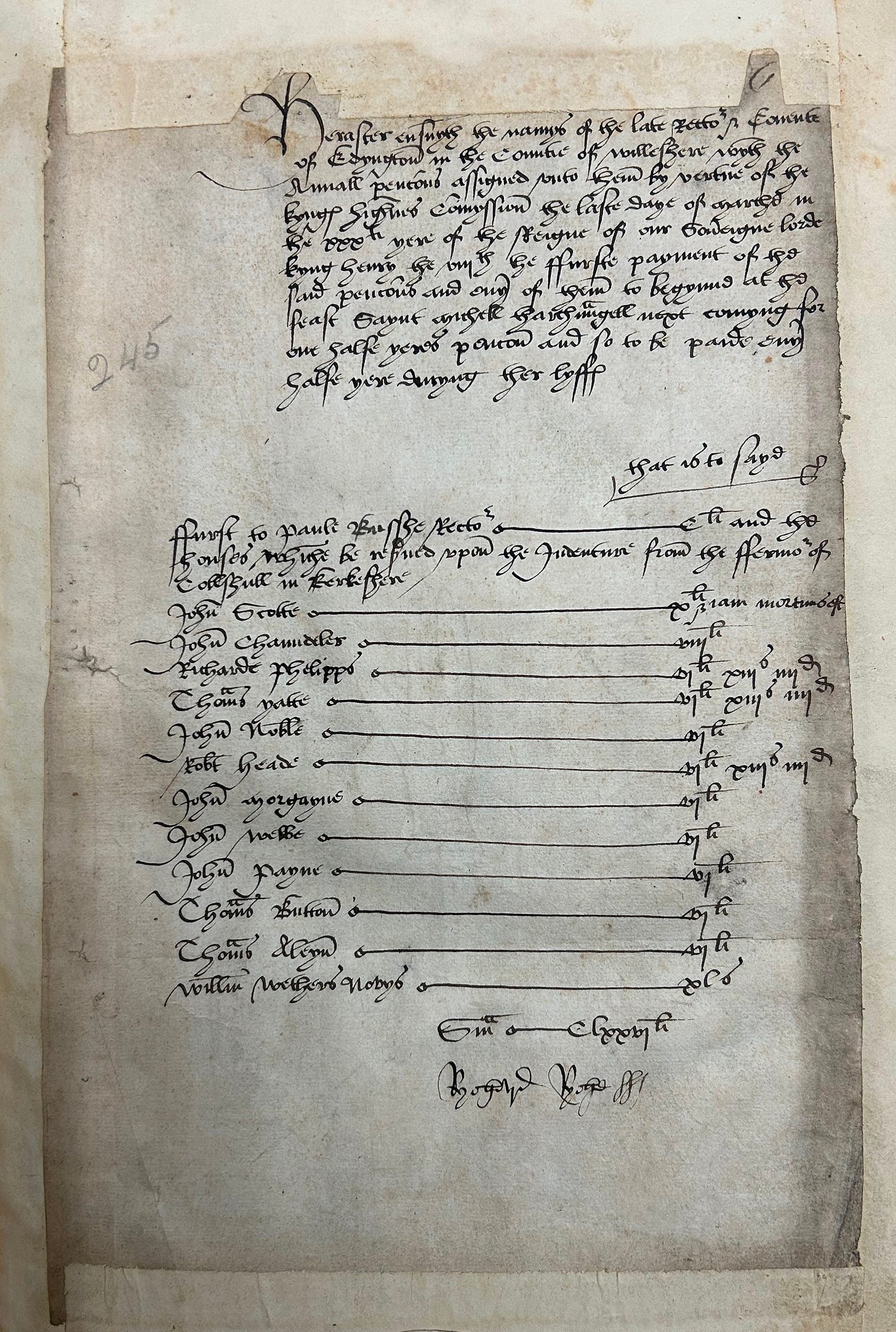 A page of 16th century writing, which gives a paragraph of text, and then a list of names and pension amounts. The writing is typical of the 1530s and is challenging to read. A page of 16th century writing, which gives a paragraph of text, and then a list of names and pension amounts. The writing is typical of the 1530s and is challenging to read.