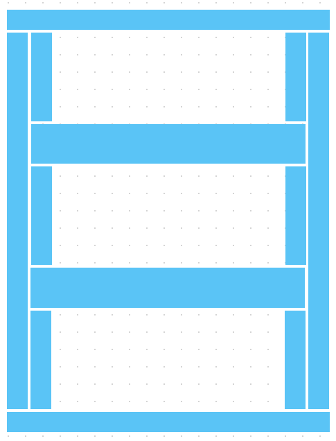 A simplified framing diagram showing a rectangular cabinet or bench structure viewed from the front. Two full-height outer side panels run from the bottom frame to the top frame, while two horizontal shelves or stretchers span between them. Short vertical supports connect the shelves to the outer side panels near each corner. The drawing illustrates a frame design in which loads are carried by continuous side members and distributed through intermediate horizontal supports.