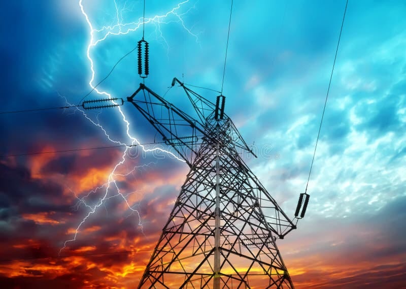 Dramatic Image of Power Distribution Station with Lightning Striking Electricity Towers. Grid high voltage transmission towers stock images, royalty-free photos and pictures
