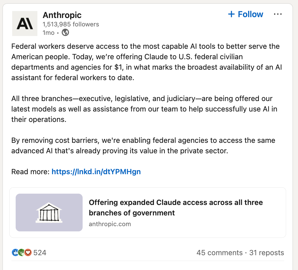 Anthropic announcement Claude $1 federal agencies