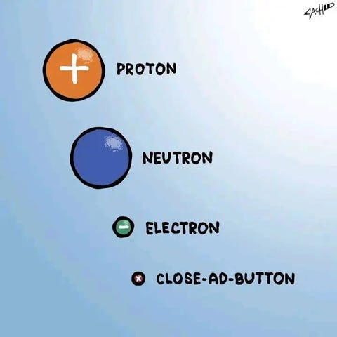 Image showing relative size of a proton, a neutron, an electron, and a button to close an ad a web page/app