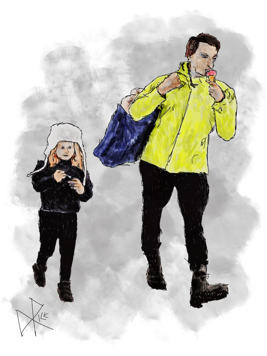 A father and young daughter, dressed for cold weather, walk through the mall while eating ice cream on the go. Sketch art by Don Rice.