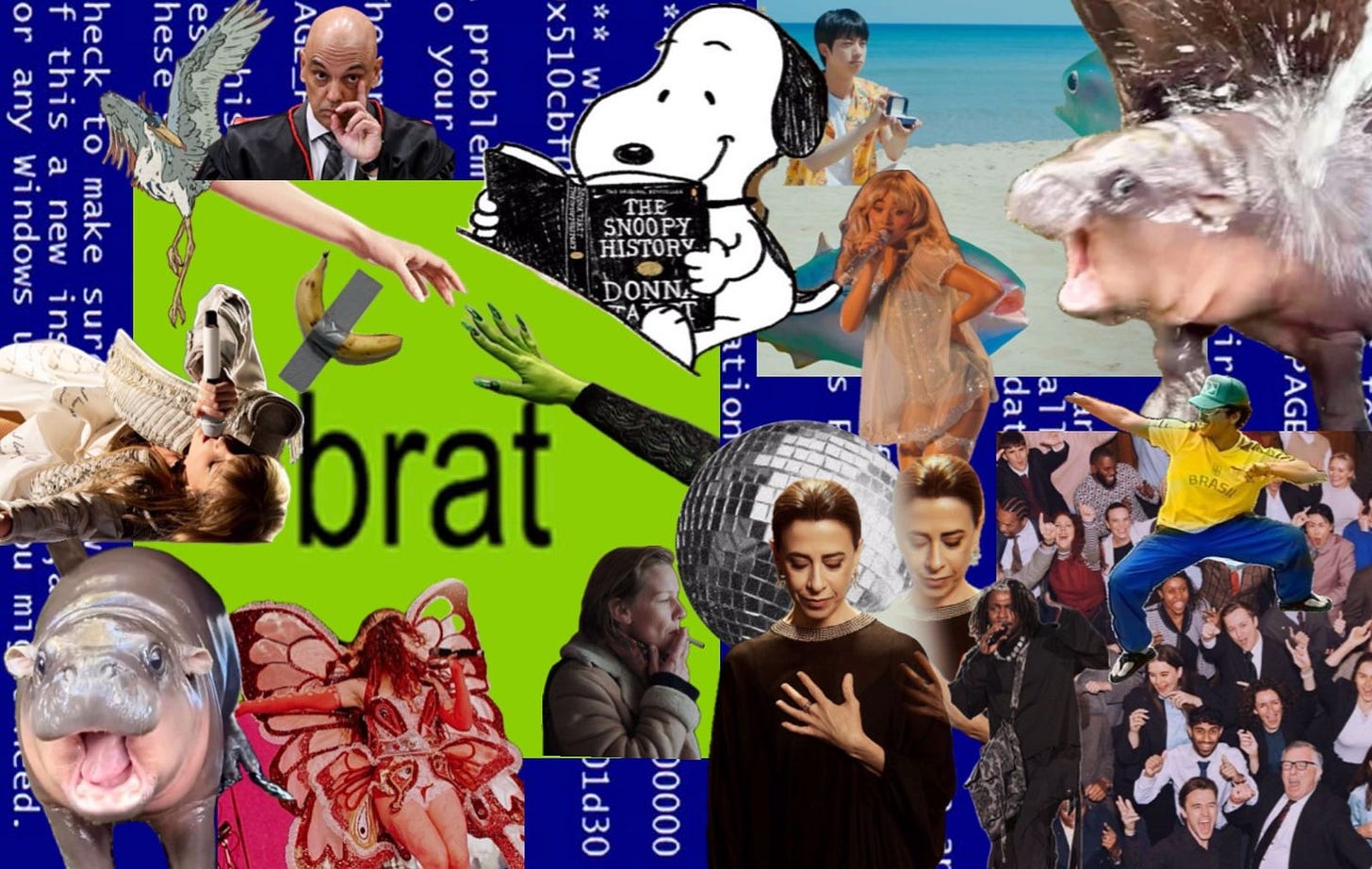 uma colagem com uma porrada de coisas desse ano. brat summer banana na fita snoopy lendo donna tartt xandão moo deng as mãozinha de deus mas de wicked fernanda torres tendo infarto na foto pro oscar a muié do anatomia de uma queda dando uma bela tragada no cigarro chappel roan de borboleta tem mais coisa a taylor morrey o álbum do namjoon bonde do brunão vou esquecer do resto vai na fé o que você pensar tá valendo a não ser que eu odeie o que você pensar daí tá bloqueade