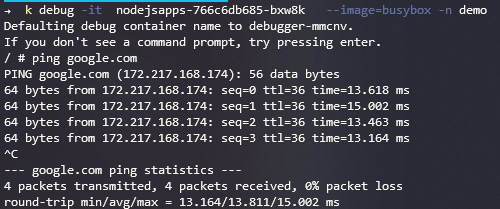 Resultado ejecución comando kubectl debug y ping Resultado ejecución comando kubectl debug y ping