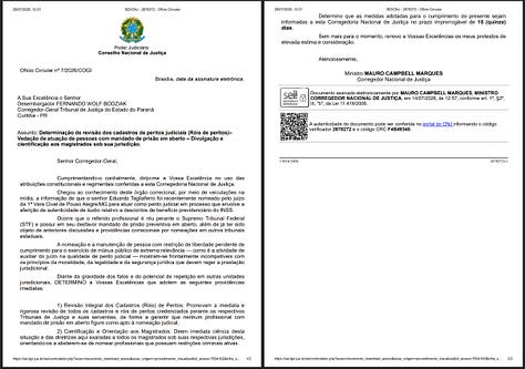 Os três documentos com ordens (ofícios) que centralizam a controvérsia da "devassa nacional" e que são detalhados na reportagem da Vaza Toga 5 correspondem a três cópias do mesmo expediente principal: o Ofício Circular nº 7/2026/COGI, expedido pelo Corregedor Nacional de Justiça, Ministro Mauro Campbell Marques, em 14 de julho de 2026 . Essas ordens foram distribuídas para três ramos distintos do Poder Judiciário nacional com o objetivo de impor uma varredura nos cadastros de peritos judiciais . São eles: Ofício Circular nº 7/2026/COGI (destinado à Justiça Estadual - TJPR): Destinatário: Desembargador Fernando Wolff Bodziak, Corregedor-Geral do Tribunal de Justiça do Estado do Paraná . Documento na memória: Disponível sob o nome SEI_CNJ-2678272-Of cioCircular (baixado).pdf (autenticado com o código verificador 2678272 e CRC F4B49348) . Ofício Circular nº 7/2026/COGI (destinado à Justiça Eleitoral - TRE-DF): Destinatário: Desembargador Angelo Canducci Passarelli, Presidente do Tribunal Regional Eleitoral do Distrito Federal . Documento na memória: Disponível sob o nome SEI-CNJ - 2678392 - Ofício Circular.pdf (autenticado com o código verificador 2678392 e CRC F487F8AF) . Ofício Circular nº 7/2026/COGI (destinado à Justiça Federal - TRF-2): Origem/Caminho: Emitido e tornado público pela própria Corregedoria Regional da Justiça Federal da 2ª Região (TRF-2) . Detalhamento: Este documento não está em anexo como arquivo PDF individual na sua memória, mas é explicitado pela reportagem investigativa . A Corregedoria do TRF-2 reproduziu o texto do Ministro Campbell quase literalmente e repassou as ordens diretamente aos juízes federais do Rio de Janeiro e do Espírito Santo . O que determinavam esses três ofícios? Todos os três documentos impunham a mesma ordem administrativa urgente com prazo improrrogável de 15 dias para resposta : A revisão integral de todos os cadastros e róis de peritos credenciados perante os respectivos tribunais para garantir que ninguém com mandado de prisão em aberto atue em nome do Judiciário ; A cientificação e orientação aos magistrados para que passem a se abster de nomear profissionais com "restrições criminais ativas" .