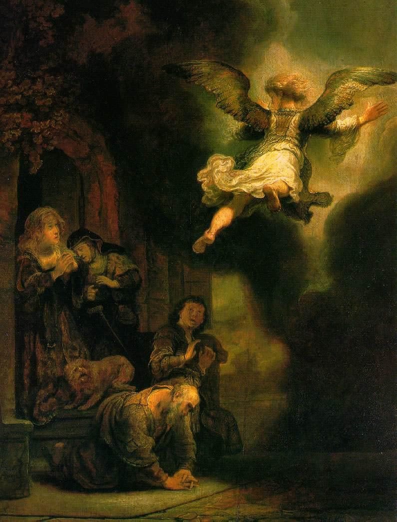 A winged angel rises into the air as a kneeling family shields their eyes below A winged angel rises into the air as a kneeling family shields their eyes below