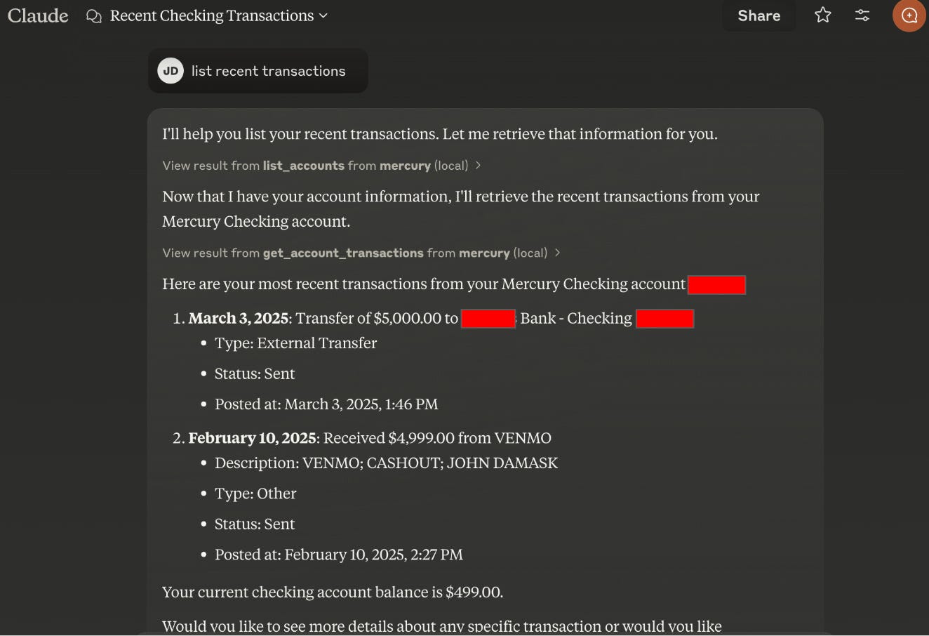 A Mercury MCP pulling live transactions inside Claude. Example shown: John Damask's open-source Mercury MCP, johndamask.substack.com