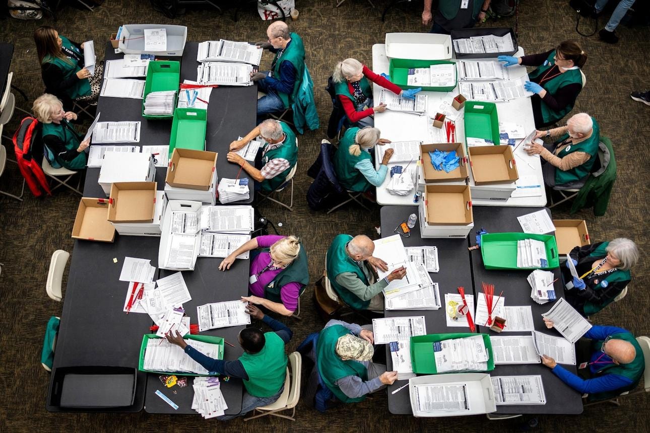 Overhead view of election workers sorting ballots at tables during the 2024 election. Overhead view of election workers sorting ballots at tables during the 2024 election.