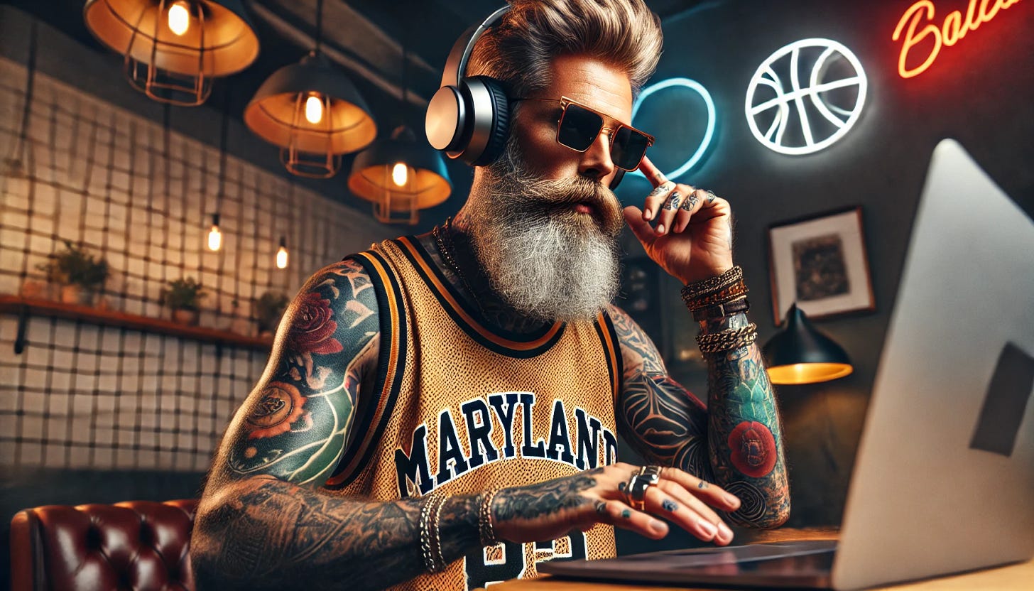 A hip, futuristic middle-aged man with a full beard and stylish hair, wearing sleek sunglasses and over-ear headphones. He is vibing while working on a laptop, dressed in a vintage University of Maryland basketball jersey that reveals his intricate and artistic tattoos. His outfit blends modern streetwear with a retro sports aesthetic. The background is a stylish, urban workspace with neon lighting, warm café tones, and subtle basketball elements, capturing a cool and creative atmosphere.