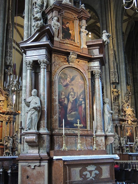 a huge gothic cathedral and photos of altars, sculptures, and architecture inside