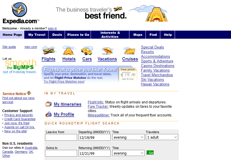 Expedia website in 1999 Expedia website in 1999