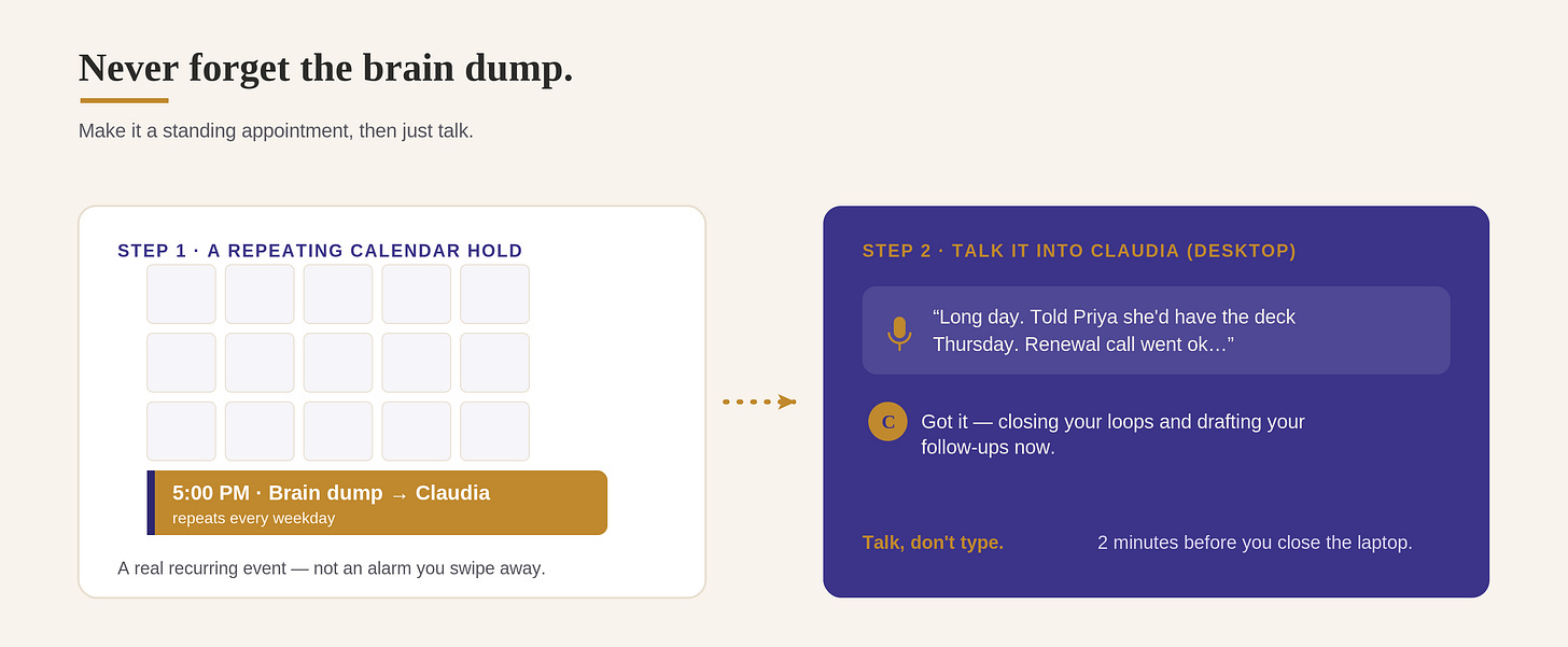 How to never forget the brain dump: a repeating end-of-day calendar hold, then talk your day straight into Claudia How to never forget the brain dump: a repeating end-of-day calendar hold, then talk your day straight into Claudia