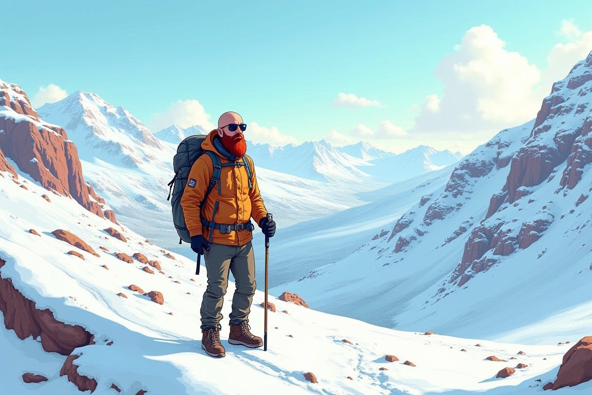 Draw in an anime style: a man hiking in the snow-covered mountains of Utah. The man has a shaved head, red beard, and aviator sunglasses. Draw in an anime style: a man hiking in the snow-covered mountains of Utah. The man has a shaved head, red beard, and aviator sunglasses.