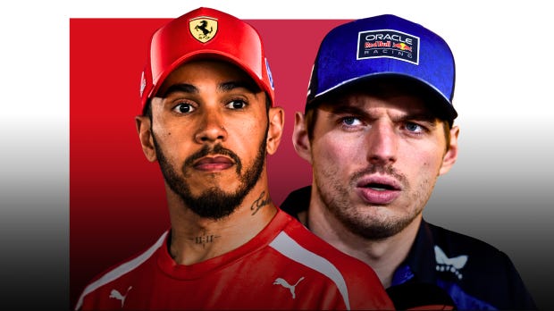 An edited of Lewis Hamilton and Max Verstappen side-by-side looking serious — Photo: © IMAGO