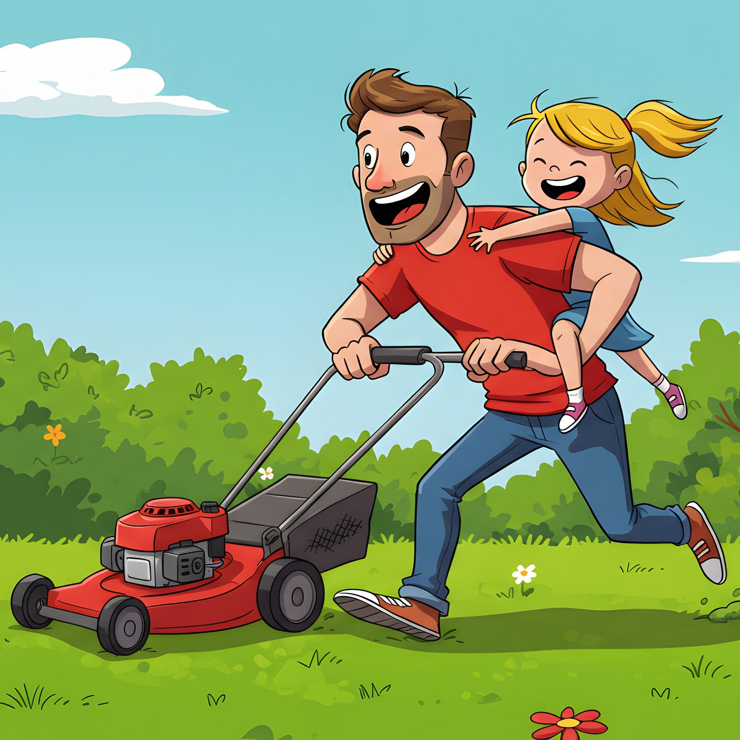 cartoon of a dad mowing the lawn with a giggling daughter on his back cartoon of a dad mowing the lawn with a giggling daughter on his back