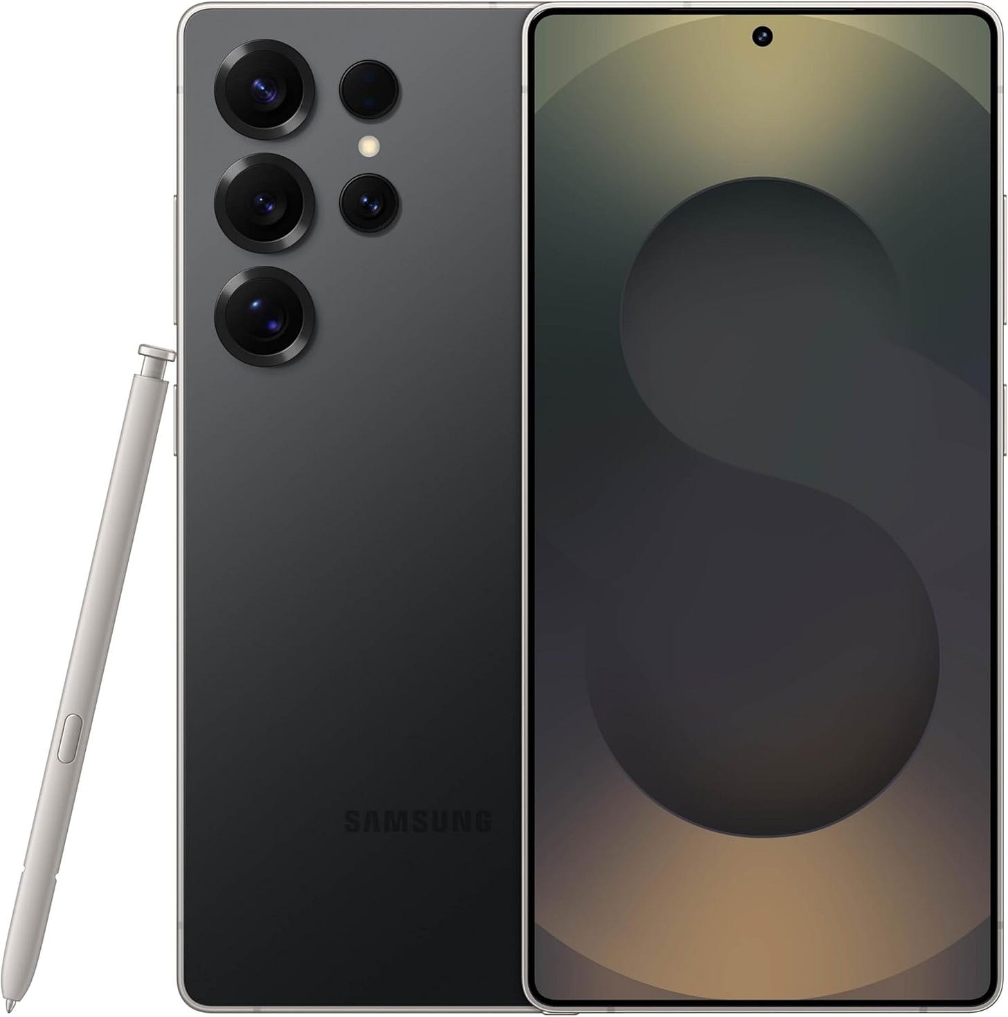 Samsung Galaxy S25 Ultra with S Pen, emphasizing camera array and stylus integration.