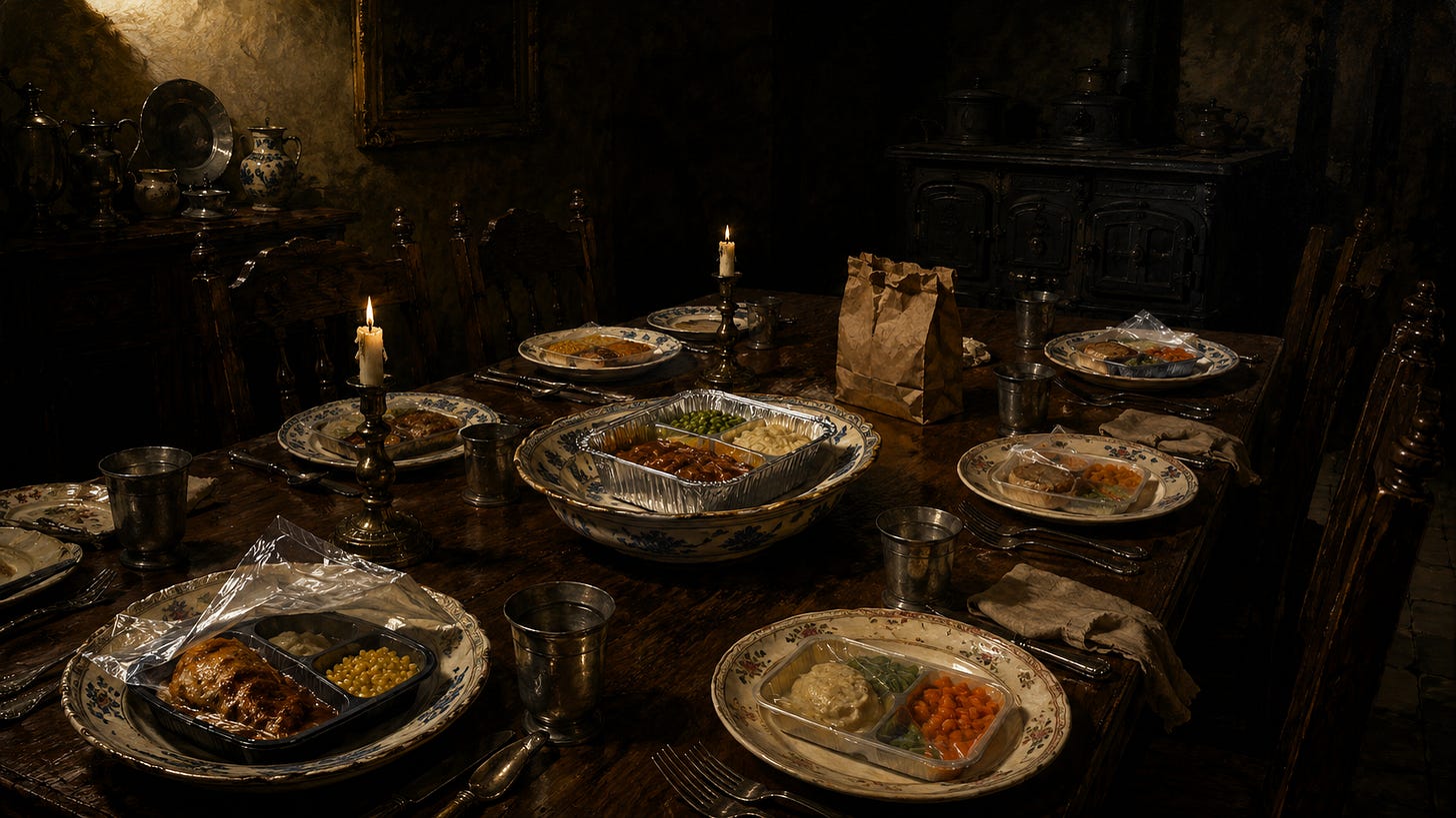 A formally set wooden dining table in candlelight, painted in 17th-century Caravaggio chiaroscuro style: fine ceramic dishes and pewter cups, but with frozen TV dinner trays in their plastic packaging arranged inside the china, cellophane still half-peeled back. A crumpled paper takeout bag sits among the place settings. An old cast-iron stove sits cold and unused in the background. Every chair is empty.