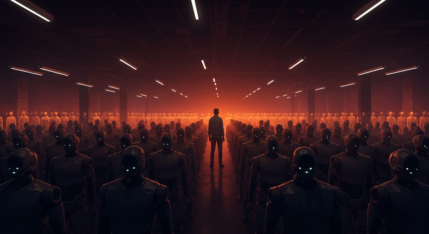 The irreplaceable human surrounded by AI figures, illustrating where AI content writing tools fall short.