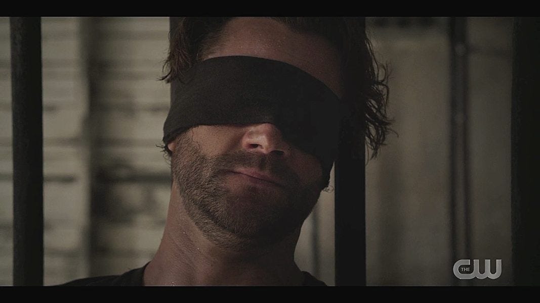 Jared Padalecki blindfolded in bondage scene on Walker 301. Jared Padalecki blindfolded in bondage scene on Walker 301.