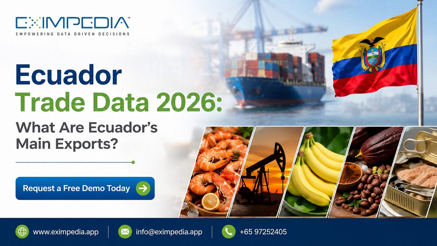 Ecuador Trade Data 2026 showing Ecuador's main exports including shrimp, crude oil, bananas and cocoa with trade insights.