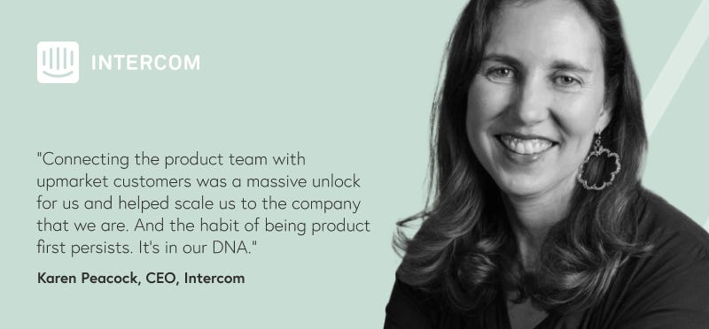 Photo of a woman with quote text and a logo of a company called Intercom