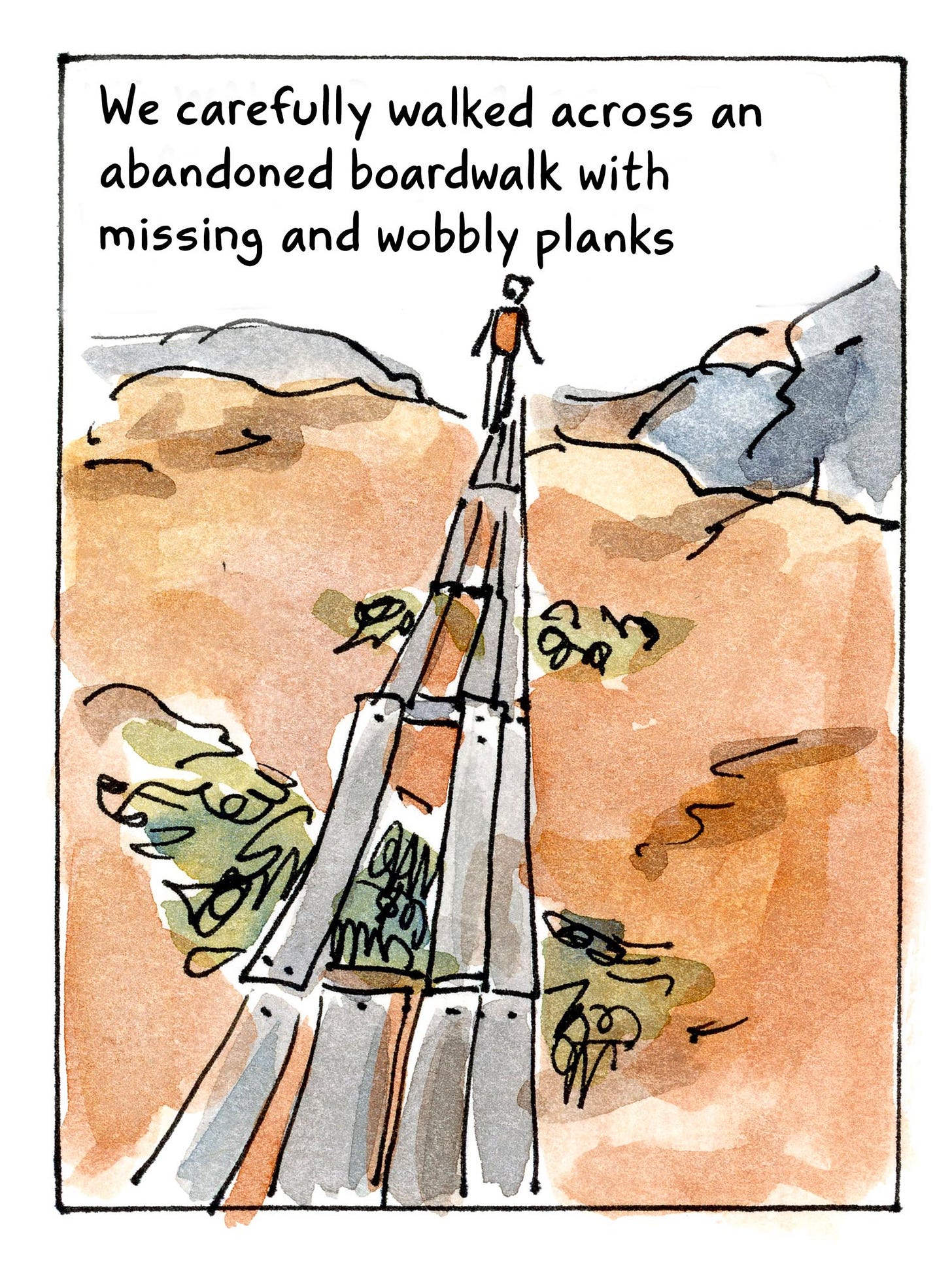  K. Woodman-Maynard, watercolor comic, exploring an abandoned boardwalk in Maine. Panel 5 text reads: “We carefully walked across an abandoned boardwalk with missing and wobbly planks.” 