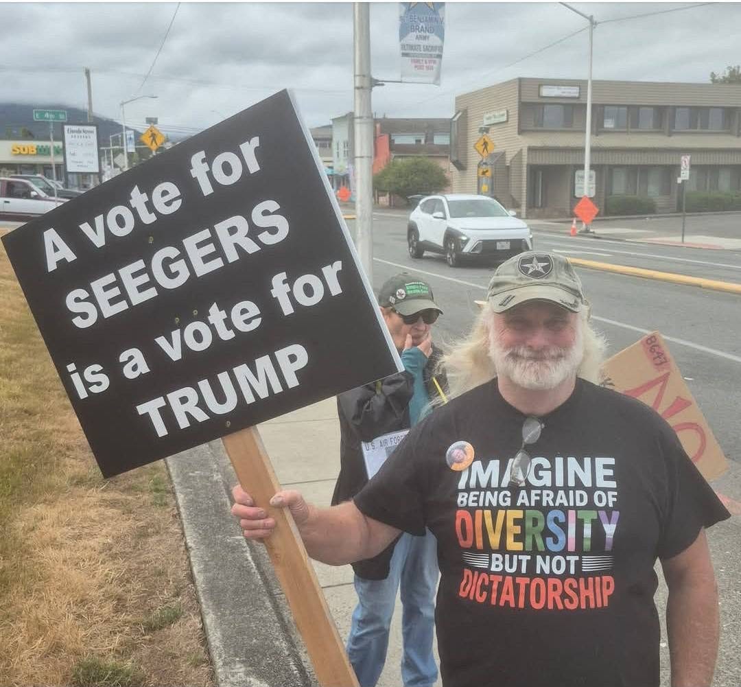 May be an image of text that says 'MSU SUB for A SEEGERS vote SEEGERS for vote is a TRUMP TRUMP 然控 MAGINE BEING AFRAID BEINGAFRAIDOF OF OIVE OIVERSITY RSI BUT BUTNOT NOTE NOT DICTATORSHIP 102 9'