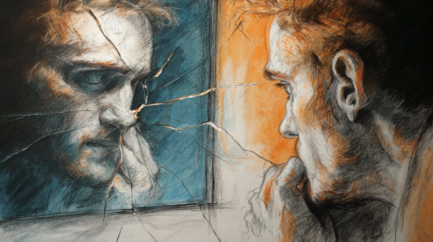 Charcol sketch illustration of a man looking into a mirror with a cracked reflection of himself looking back