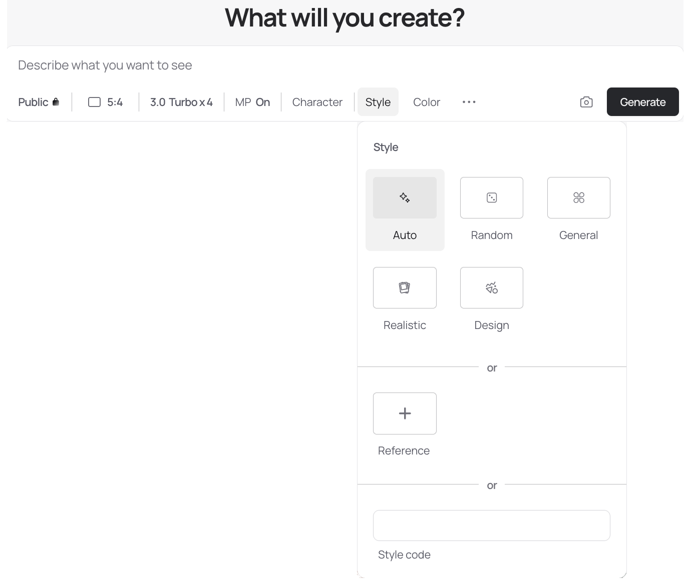 Style selection menu. Ideogram UI.